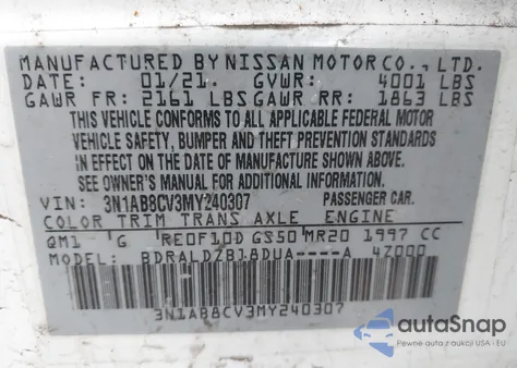 2021 Nissan Sentra Sv Xtronic Cvt z USA, uszkodzony, nr VIN 3N1AB8CV3MY240307